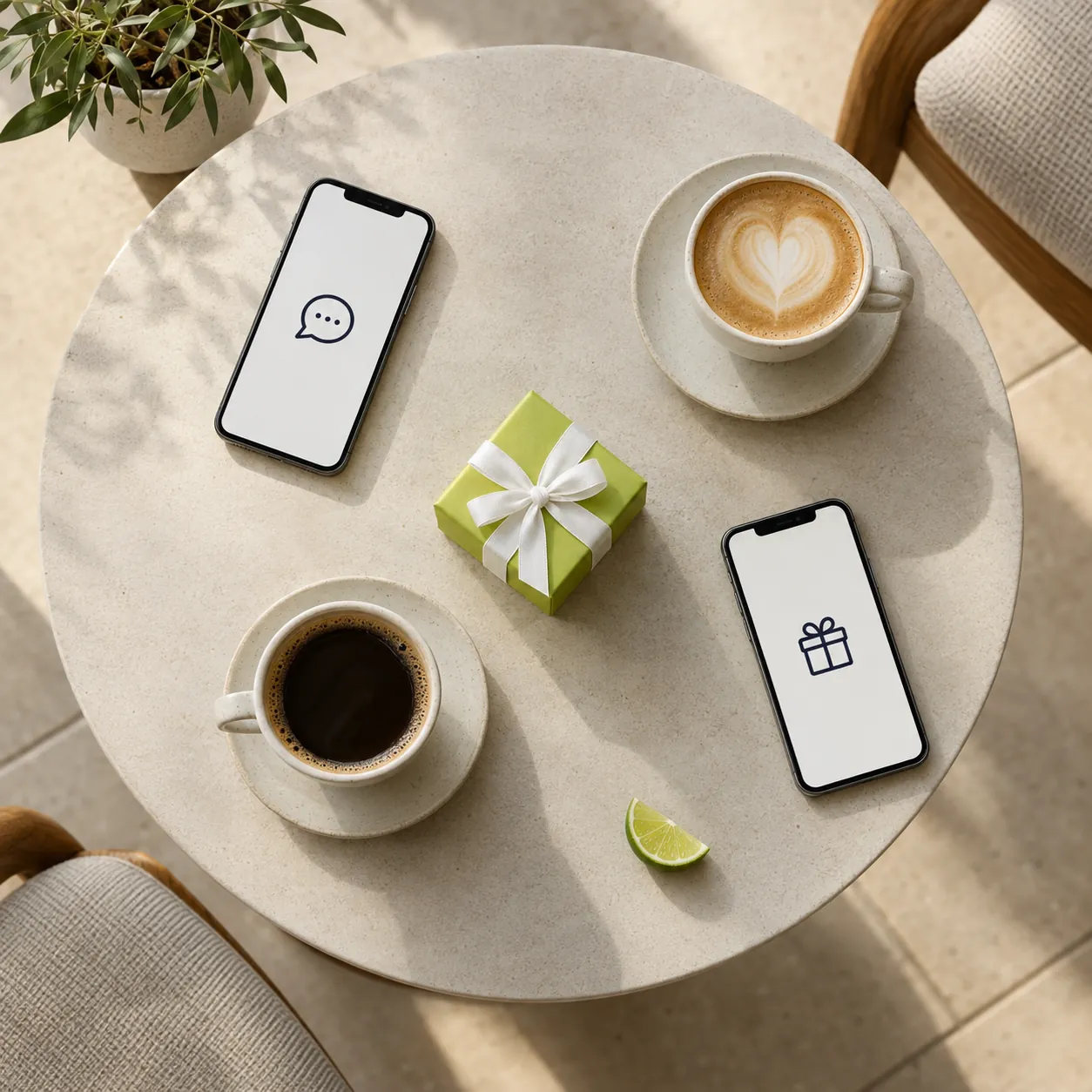 Two phones and a gift box on a café table, AI-generated